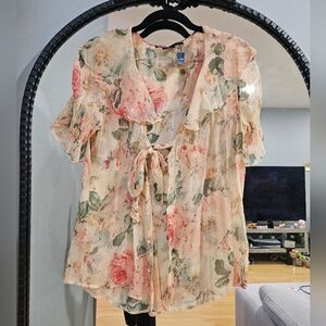 Ralph Lauren 100% Silk Floral Tie-Front Blouse